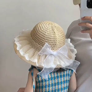 Mũ bé gái vòng đầu 52Cm có dây quai nón điều chỉnh vành 7.5Cm phối voan lưới phối nơ