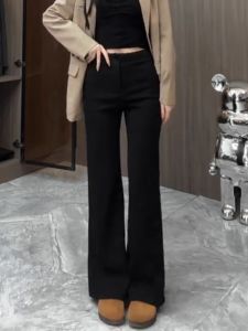2025 New Black Casual Straight Leg Trousers Womens High Waist Slimming Narrow Version Flared Pants Commute Style Polyester Fiber