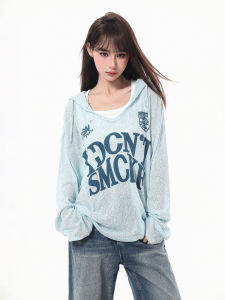 Blue Knitted Hooded Sun Protection Shirt Womens Summer American Sports Thin Long Sleeve T-Shirt Lace Thin Mesh Top Summer