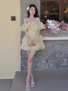 Yellow Sweet and Gentle Off-shoulder Dress