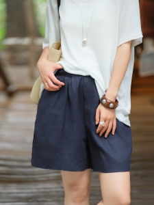 XIAOER | Quần Short Linen Nhiều Màu Có Gập Cạnh Và Nút