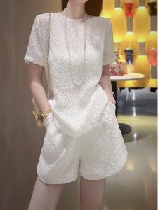 Chic Elegant French Style Silk-Like Short Sleeve Shorts Set