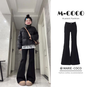 กางเกงยีนส์ทรงขาบานเอวสูงสีดำ กางเกงขายาวทรงตรงสำหรับผู้หญิงในฤดูใบไม้ร่วงและฤดูหนาว กางเกงขายาวทรงลำลองสำหรับผู้หญิง