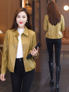 เสื้อแจ็คเก็ตหนังสั้นทรงหลวมสไตล์ใหม่สำหรับผู้หญิง ฤดูใบไม้ผลิและฤดูใบไม้ร่วง 2025 แฟชั่น PU แจ็คเก็ตหนังสั้น แขนยาว ปกโปโล