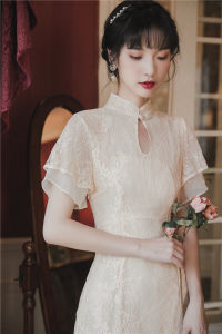 Sweet Young Revised Edition Girls Gentle Fashion Retro Cheongsam Dress A-Line Skirt Short Sleeve Long Dress Polyester Fiber