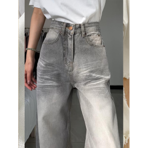 High Waist Wide Leg Grey American High Street Jeans Womens Loose Drapey Slimming Floor-Length Pants for Tall Women 175cm