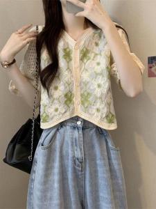 Leak-Picking Counter Withdraw Tail Order Big Brand Genuine Goods Ice Silk T-shirt Short Crochet Cut Out Dopamine National Style Top