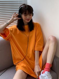 Orange Short Sleeve Womens T-shirt Pure Cotton Loose Fit Spring Summer New Style Korean Simple Design Mid-Length Body Tee