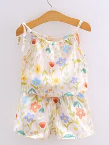 Lightweight Silk Cotton Childrens Summer Home Clothes Air Conditioned Baby Clothes Floral Pattern Girls Set Korean Style