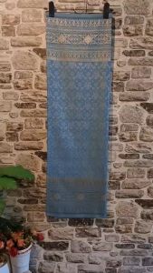 118.ผ้าฝ้าย ผ้าทอทั้งผืน ลายยกดอก เจ้าคุณพระ สีฟ้า