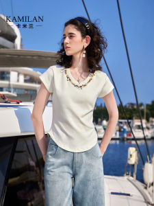 Kamilan French Design Short Sleeve T-Shirt Womens Short Style Summer Beautiful Inner Wear White Pure Color V-neck Top