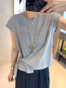 Asymmetric Ice Silk Short Sleeve Knitted T-Shirt Womens Loose Fit Summer Top Thin Asymmetrical Design round Neck Regular Length