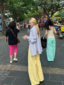 Lemon Yellow Summer Thin Ice Silk Straight Leg Wide Leg Casual Beach Dopaamine Pants Small Size Womens High Waist Long Pants