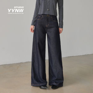 Deep Blue Wide Leg Jeans Womens Loose Fit Casual Double Buckle Design Floor Length Pants Autumn 2025 New Style Slimming