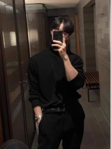 Black Half-High Collar Long Sleeve Mens Base Shirt Autumn Winter Thermal Inner Wear T-Shirt Korean Style Warmth for Sweatshirt