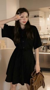 plus Size Womens Summer Polo Collar Drawstring Waist Slimming Belly Covering Dress Short Sleeve A-Line Midi Dress