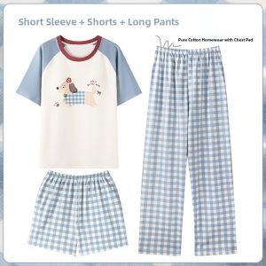 Miiow | Pure Cotton Summer Sleepwear Womens Three-piece Set With Chest Pad Short Sleeve Shorts Pants Cute Cool Feeling Outdoor Wear Home Clothes