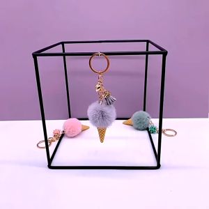 ALENADAY - Gantungan kunci lucu imut murah karakter Ice Cream Cone Bulu untuk tas motor mobil KEY09