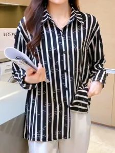 Fashion Korean Black Beige Striped Letter Print Chiffon Shirt Women's Office Work Long Sleeve Tops
