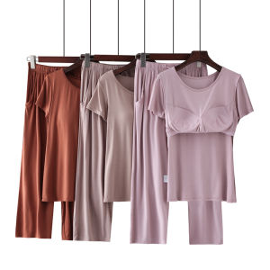 Womens Sleeveless T-Shirt Set One-Piece Home Clothes Casual Seven-Quarter Shorts Sleepwear Comfortable Viscose Fabric round Neck