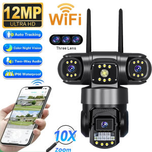 6K 12MP 360 Outdoor Camera Wifi Triple Lenses Triple Screens 10X Zoom Video Monitor Night Vision CCTV Security Protection
