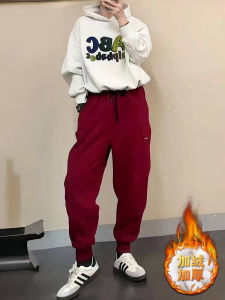 กางเกงกีฬาลำลองสำหรับผู้หญิง ฤดูใบไม้ร่วง/ฤดูหนาว กางเกงขายาวทรงฮาราจูกุแบบมีกระเป๋า กางเกงขายาวบุขนแกะหนา ทรงหลวม กางเกงขายาว