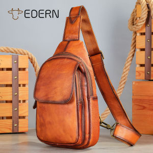 EDERN 2025 New Cowhide Mens Chest Bag Retro Fashion Genuine Leather Crossbody Bag Large Capacity Sling Bag Outdoor Casual Chest Pouch