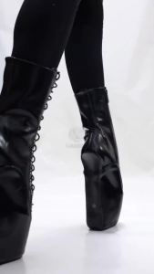 Giày Cao Gót Đế Xuồng Cực Cao 18CM Kiểu Ballet Mũi Nhọn Buộc Dây Cổ Chân Phối Màu Chất Liệu Da PU Đế Móng Ngựa Thiết Kế Không Gót.