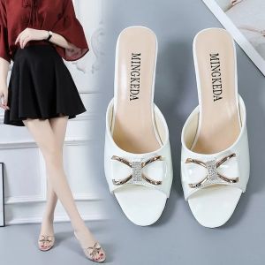 Womens Shoes Summer New Casual Sandals Korean Version Fashion All-match Bow Stiletto High Heels Womens Fish Mouth Slippers Large Size Sandals