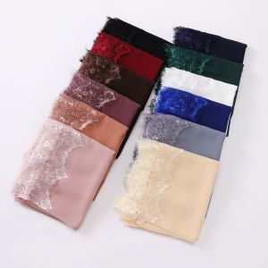 Jifang Plain Bubble Chiffon Shawl Eyelash Pashmina Head Scarf Wraps Floral Lace Decor Raya Muslim Party Hijabs Shawls WJ835