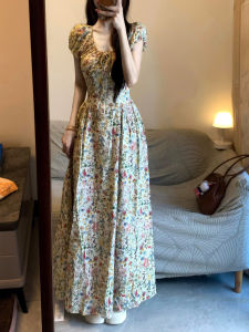 XUECAIQI | Floral Fitted Waist Long Dress Slimming Elegant