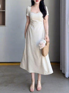 plus Size French Elegant Square Collar Short Sleeve Womens Dress Summer New Slimming Meat Covering High-End Long Skirt