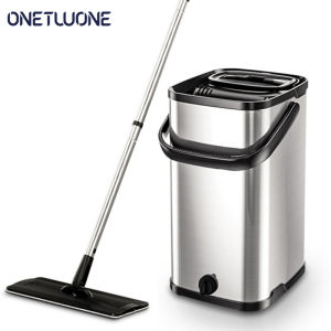 Onetwone Stainless Steel Flat Mop 360 Rotating Set Microfiber Mop Bucket with 2 Rugs Metal Basket Sliding Type Clean Tool Floor Cleaner