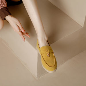 Womens Spring 2025 Increased Height One-Step Bean Shoes Lock Buckle Genuine Leather Loafers Deep Mouth Single Shoes Korean Style