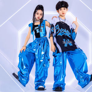 Kids Jazz Dance Outfit Girls Patchwork Tank Top Boys Oversized Jersey Top Metallic Faux Leather Cargo Pants Street Dance Costume