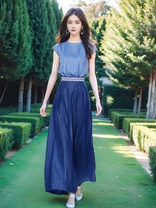 French Style Classic Style Blue round Neck Short Sleeve Shirt for Women