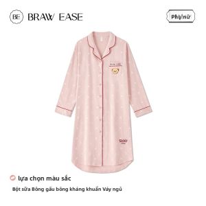 Áo ngủ BE Teddy Bear cho nữ làm bằng cotton nguyên chất màu hồng họa tiết trái tim