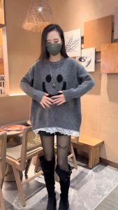 Smile Printed Thickened Splice Design Round Neck Loose Fit Stylish Pullover