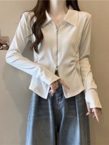 Slimming Design Short Polo Base Shirt Women Early Autumn Large Size Double Zipper European Style Small Shirt Commute Style