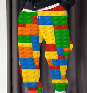 Bandai | 2026 Mens Sports Pants with Flat Digital Building Blocks Toy Patterns Casual Sports Pants Fashionable Casual Vacation Pants