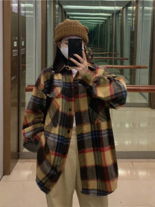 เสื้อเชิ้ตผู้หญิง ทรงหลวม ยาวปานกลาง ผ้าขนแกะ ลายสก็อต ทรงย้อนยุค สไตล์ฝรั่งเศส ฤดูใบไม้ร่วง/ฤดูหนาว 2022