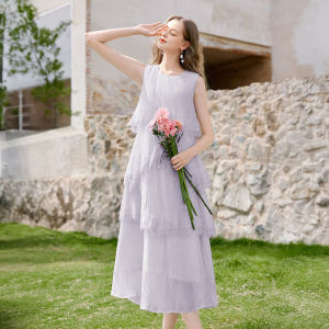 XIANGYING | Đầm Phong Cách Pháp Không Tay Giúp Gọn Gàng Nhiều Lớp Không Đều