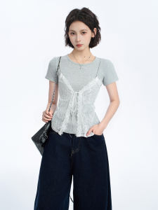 BAIDAIFEI | Lace Fake Two-Piece Fitted Short Sleeve T-Shirt