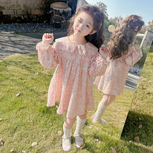 ชุดเดรสผ้าไหมลายดอกไม้สำหรับเด็กผู้หญิง ชุดฤดูใบไม้ผลิและฤดูใบไม้ร่วง ชุดเด็กผู้หญิง ชุดกระโปรงสองชิ้น แฟชั่นสำหรับเด็กผู้หญิง