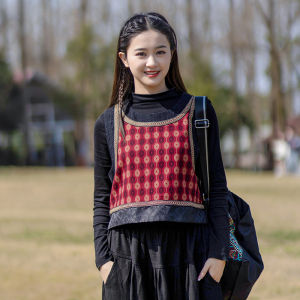 Autumn Winter Short Spliced Grid Pattern Sleeveless Womens Vest Ethnic Style Fashion Commute round Neck Print Other Material