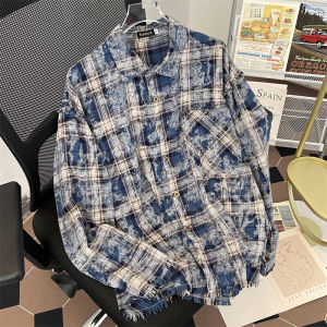 Tie Dye Gingham Shirt Mens Spring & Fall New Hong Kong Style Retro Fashion Brand Stylish Loose Casual Couple Shirt Coat
