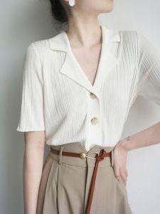 HUOLISI | Stylish Unique Loose Thin Ice Silk Knit Polo Collar Short Sleeve Blouse