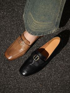 French Vintage Top Layer Cowhide mid Heel Slip-On Loafers Deep Mouth Single Shoes Womens Belt Buckle Decorative Chunky Heel