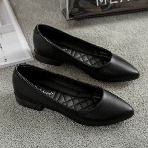 Professional Thick Heel Work Shoes Sharp Pointed Toe Womens Footwear Comfortable Standing All Day Black Leather Shoes
