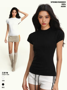 Agoh สลิมฟิต เสื้อยืดแขนสั้นคอกลม ผู้หญิง สไตล์พื้นฐาน ฤดูร้อน วินเทจ เซ็กซี่ ผ้าฝ้าย โพลีเอสเตอร์ สแปนเด็กซ์ Blend เสื้อท่อนบน